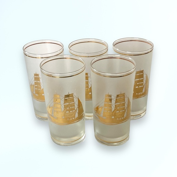 Culver Vintage 22k Gold Schooner Ship Frosted HighBall Glassware Bar SET OF 5 - Picture 1 of 9